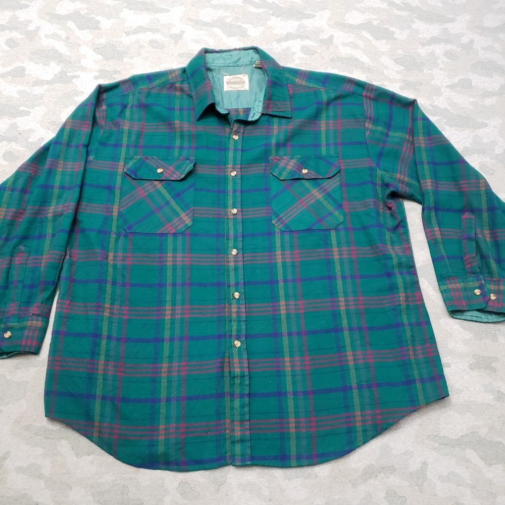 VTG Saugatuck Dry Goods Co Shirt Mens 2X Green‎ Long Sleeve Button Flannel Plaid